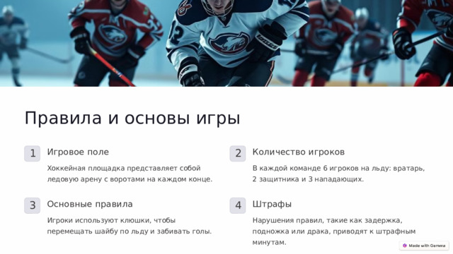  Правила и основы игры Игровое поле Количество игроков 1 2 В каждой команде 6 игроков на льду: вратарь, 2 защитника и 3 нападающих. Хоккейная площадка представляет собой ледовую арену с воротами на каждом конце. Основные правила Штрафы 3 4 Игроки используют клюшки, чтобы перемещать шайбу по льду и забивать голы. Нарушения правил, такие как задержка, подножка или драка, приводят к штрафным минутам. 