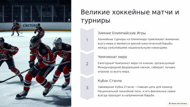  Великие хоккейные матчи и турниры Зимние Олимпийские Игры Хоккейные турниры на Олимпиаде привлекают внимание всего мира и являются ареной ожесточенной борьбы между сильнейшими национальными командами. Чемпионат мира Ежегодный Чемпионат мира по хоккею, организуемый Международной федерацией хоккея, собирает лучших игроков со всего мира. Кубок Стэнли Завоевание Кубка Стэнли - главная цель для команд Национальной хоккейной лиги, и его финальные серии всегда проходят в напряженной борьбе. 