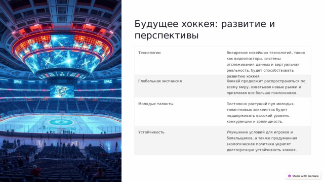 Будущее хоккея: развитие и перспективы Технологии Внедрение новейших технологий, таких как видеоповторы, системы отслеживания данных и виртуальная реальность, будет способствовать развитию хоккея. Глобальная экспансия Хоккей продолжит распространяться по всему миру, охватывая новые рынки и привлекая все больше поклонников. Молодые таланты Постоянно растущий пул молодых, талантливых хоккеистов будет поддерживать высокий уровень конкуренции и зрелищность. Устойчивость Улучшение условий для игроков и болельщиков, а также продуманная экологическая политика укрепят долгосрочную устойчивость хоккея. 