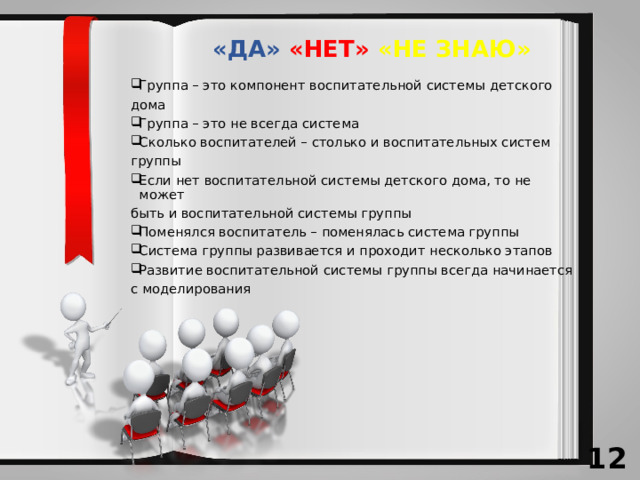 «ДА» «НЕТ» «НЕ ЗНАЮ» Группа – это компонент воспитательной системы детского дома Группа – это не всегда система Сколько воспитателей – столько и воспитательных систем группы Если нет воспитательной системы детского дома, то не может быть и воспитательной системы группы Поменялся воспитатель – поменялась система группы Система группы развивается и проходит несколько этапов Развитие воспитательной системы группы всегда начинается с моделирования  