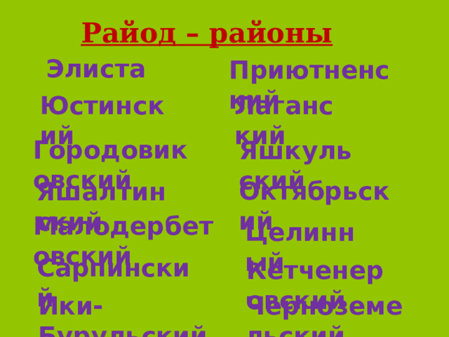 Райод – районы Элиста Приютненский Лаганский Юстинский Городовиковский Яшкульский Октябрьский Яшалтинский Малодербетовский Целинный Сарпинский Кетченеровский Ики-Бурульский Черноземельский 