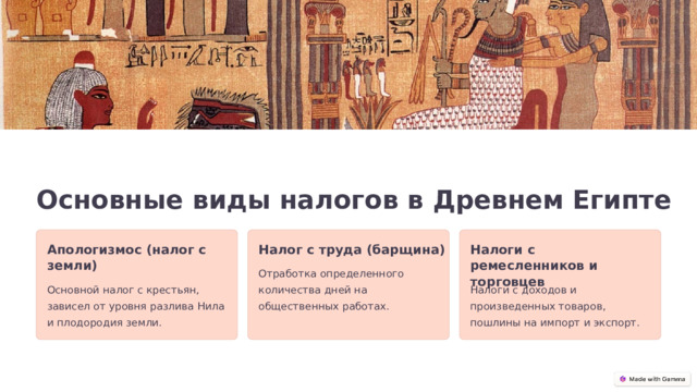  Основные виды налогов в Древнем Египте Апологизмос (налог с земли) Налог с труда (барщина) Налоги с ремесленников и торговцев Отработка определенного количества дней на общественных работах. Основной налог с крестьян, зависел от уровня разлива Нила и плодородия земли. Налоги с доходов и произведенных товаров, пошлины на импорт и экспорт. 