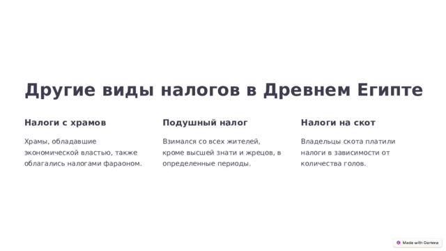  Другие виды налогов в Древнем Египте Налоги с храмов Подушный налог Налоги на скот Храмы, обладавшие экономической властью, также облагались налогами фараоном. Взимался со всех жителей, кроме высшей знати и жрецов, в определенные периоды. Владельцы скота платили налоги в зависимости от количества голов. 