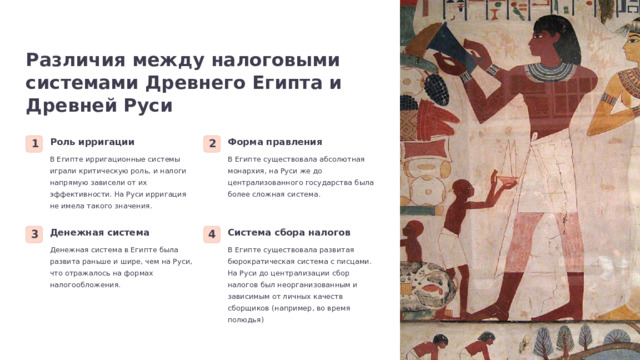  Различия между налоговыми системами Древнего Египта и Древней Руси Роль ирригации Форма правления 1 2 В Египте существовала абсолютная монархия, на Руси же до централизованного государства была более сложная система. В Египте ирригационные системы играли критическую роль, и налоги напрямую зависели от их эффективности. На Руси ирригация не имела такого значения. Денежная система Система сбора налогов 3 4 Денежная система в Египте была развита раньше и шире, чем на Руси, что отражалось на формах налогообложения. В Египте существовала развитая бюрократическая система с писцами. На Руси до централизации сбор налогов был неорганизованным и зависимым от личных качеств сборщиков (например, во время полюдья) 