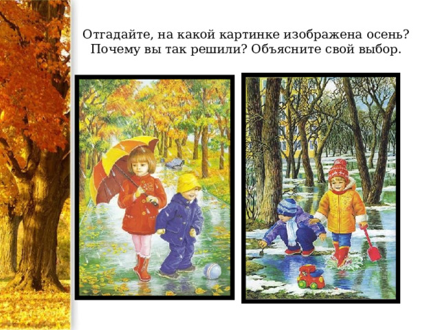 Отгадайте, на какой картинке изображена осень? Почему вы так решили? Объясните свой выбор. 