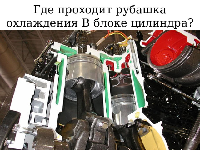 Где проходит рубашка охлаждения В блоке цилиндра? 