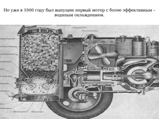 Но уже в 1900 году был выпущен первый мотор с более эффективным – водяным охлаждением. 