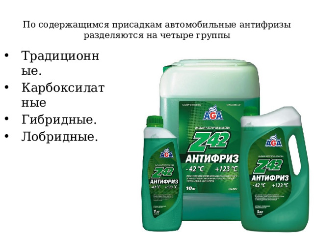 По содержащимся присадкам автомобильные антифризы разделяются на четыре группы Традиционные. Карбоксилатные Гибридные. Лобридные. 
