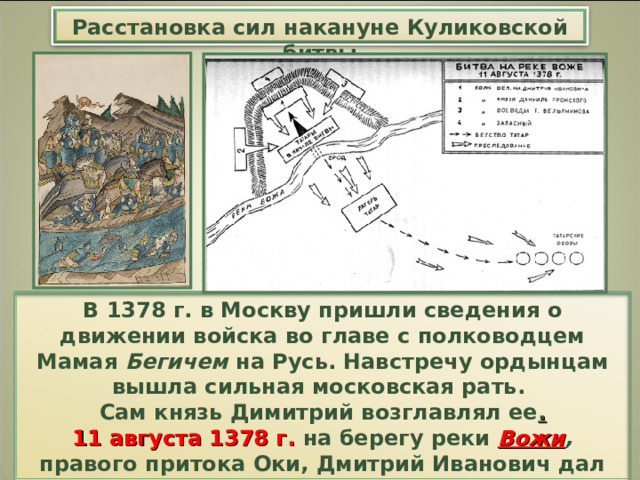 Расстановка сил накануне Куликовской битвы В 1378 г. в Москву пришли сведения о движении войска во главе с полководцем Мамая Бегичем на Русь. Навстречу ордынцам вышла сильная московская рать. Сам князь Димитрий возглавлял ее . 11 августа 1378 г. на берегу реки Вожи , правого притока Оки, Дмитрий Иванович дал бой ордынскому войску. Разгром был полным. Пятеро ордынских князей были убиты, погиб и Бегич. 
