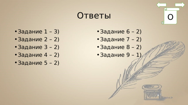 Ответы О Задание 1 – 3) Задание 2 – 2) Задание 3 – 2) Задание 4 – 2) Задание 5 – 2) Задание 6 – 2) Задание 7 – 2) Задание 8 – 2) Задание 9 – 1) 