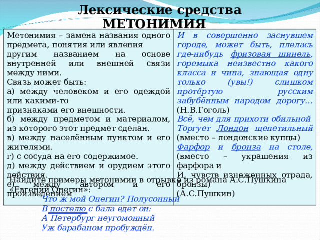 Лексические средства МЕТОНИМИЯ Метонимия – замена названия одного предмета, понятия или явления другим названием на основе внутренней или внешней связи между ними. Связь может быть: а) между человеком и его одеждой или какими-то признаками его внешности. б) между предметом и материалом, из которого этот предмет сделан. в) между населённым пунктом и его жителями. г) с сосуда на его содержимое. д) между действием и орудием этого действия. е) между автором и его произведением И в совершенно заснувшем городе, может быть, плелась где-нибудь фризовая шинель , горемыка неизвестно какого класса и чина, знающая одну только (увы!) слишком протёртую русским забубённым народом дорогу… (Н.В.Гоголь) Всё, чем для прихоти обильной Торгует Лондон щепетильный (вместо – лондонские купцы) Фарфор и бронза на столе, (вместо – украшения из фарфора и И, чувств изнеженных отрада, бронзы) (А.С.Пушкин) Найдите примеры метонимии в отрывке из романа А.С.Пушкина «Евгений Онегин»:  Что ж мой Онегин? Полусонный  В постелю с бала едет он:  А Петербург неугомонный  Уж барабаном пробуждён. 