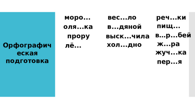моро... вес...ло реч...ки пищ... оля...ка в...дяной в…р...бей прору... выск...чила ж...ра хол...дно Орфографическая подготовка лё... жуч...ка пер...я 