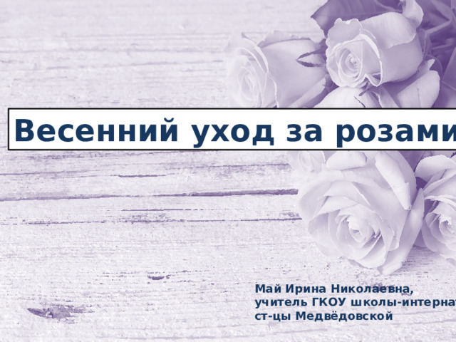 Весенний уход за розами Май Ирина Николаевна, учитель ГКОУ школы-интерната ст-цы Медвёдовской 