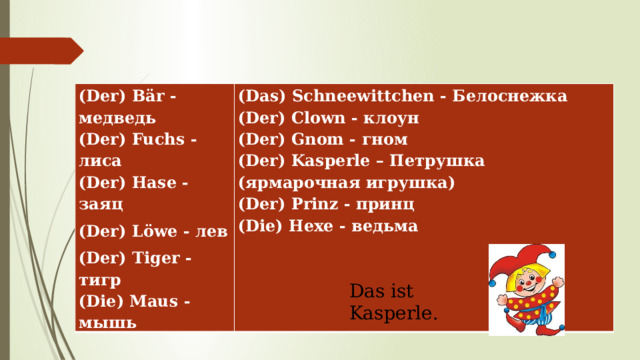 (Der) Bär - медведь (Der) Fuchs - лиса (Das) Schneewittchen - Белоснежка (Der) Clown - клоун (Der) Hase - заяц (Der) Löwe - лев (Der) Gnom - гном (Der) Kasperle – Петрушка (ярмарочная игрушка) (Der) Tiger - тигр (Die) Maus - мышь (Der) Prinz - принц (Die) Hexe - ведьма Das ist Kasperle. 