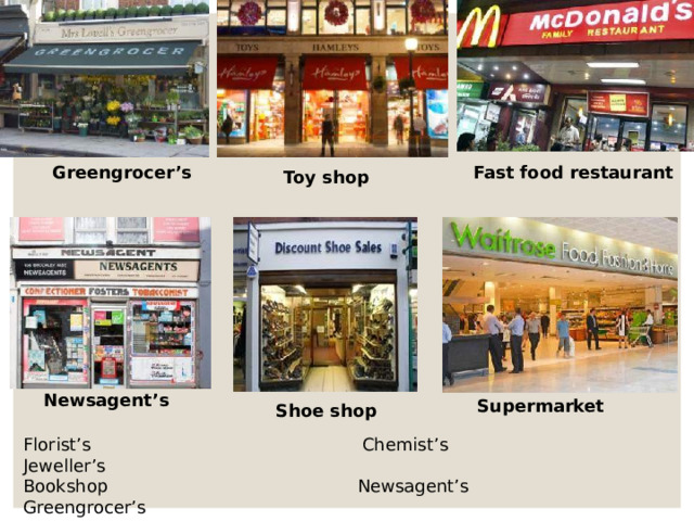 Greengrocer’s Fast food restaurant Toy shop Newsagent’s Supermarket Shoe shop Florist’s Chemist’s Jeweller’s Bookshop Newsagent’s Greengrocer’s Supermarket Record shop Fast food restaurant Clothes shop Shoe shop Toy shop 