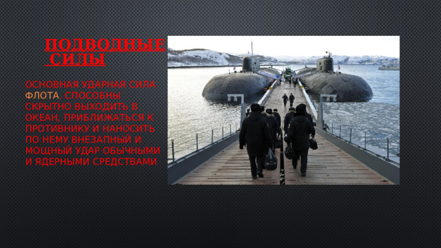 Подводные силы   основная ударная сила  флота . способны скрытно выходить в океан, приближаться к противнику и наносить по нему внезапный и мощный удар обычными и ядерными средствами 