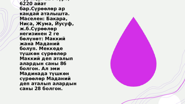 Куранда 114 сүрө, 6220 айат бар.Сүрөөлөр ар кандай аталышта. Маселен: Бакара, Ниса, Жума, Йусуф, ж.б.Сүрөөлөр негизинен 2 ге бөлүнөт: Маккий жана Маданий болуп. Меккеде түшкөн сүрөөлөр Маккий деп аталып алардын саны 86 болгон. Ал эми Мадинада түшкөн сүрөөлөр Маданий деп аталып алардын саны 28 болгон. 