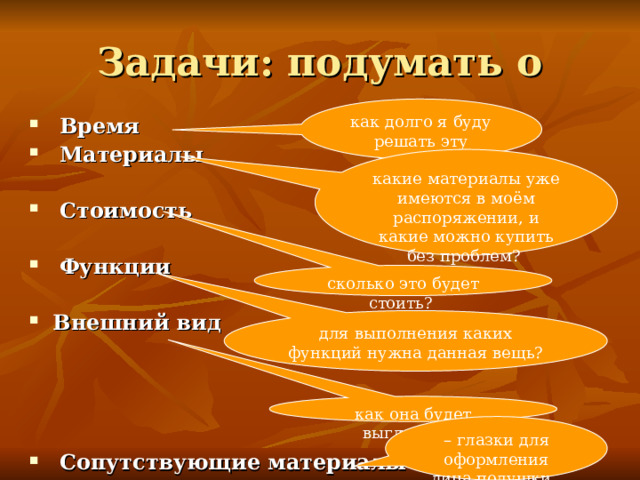 Задачи: подумать о как долго я буду решать эту проблему  Время   Материалы   Стоимость    Функции   Внешний вид      Сопутствующие материалы  какие материалы уже имеются в моём распоряжении, и какие можно купить без проблем? сколько это будет стоить? для выполнения каких функций нужна данная вещь? как она будет выглядеть? – глазки для оформления лица подушки. 