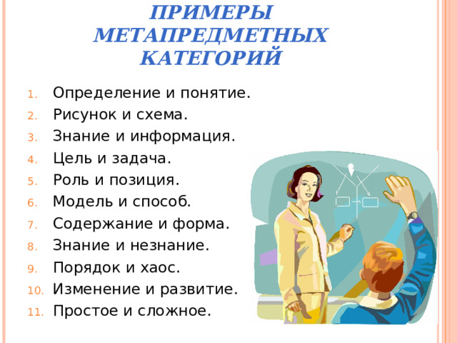 ПРИМЕРЫ МЕТАПРЕДМЕТНЫХ КАТЕГОРИЙ Определение и понятие. Рисунок и схема. Знание и информация. Цель и задача. Роль и позиция. Модель и способ. Содержание и форма. Знание и незнание. Порядок и хаос. Изменение и развитие. Простое и сложное. 