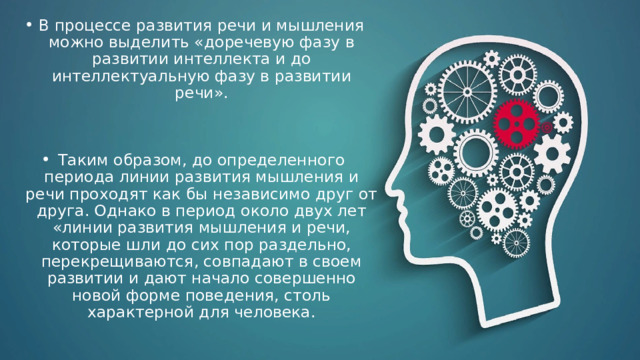 В процессе развития речи и мышления можно выделить «доречевую фазу в развитии интеллекта и до интеллектуальную фазу в развитии речи». Таким образом, до определенного периода линии развития мышления и речи проходят как бы независимо друг от друга. Однако в период около двух лет «линии развития мышления и речи, которые шли до сих пор раздельно, перекрещиваются, совпадают в своем развитии и дают начало совершенно новой форме поведения, столь характерной для человека. 