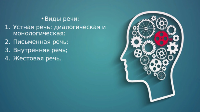 Виды речи: Устная речь: диалогическая и монологическая; Письменная речь; Внутренняя речь; Жестовая речь. 