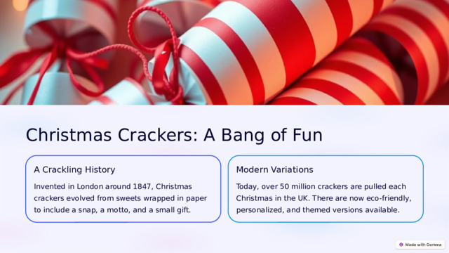  Christmas Crackers: A Bang of Fun A Crackling History Modern Variations Invented in London around 1847, Christmas crackers evolved from sweets wrapped in paper to include a snap, a motto, and a small gift. Today, over 50 million crackers are pulled each Christmas in the UK. There are now eco-friendly, personalized, and themed versions available. 
