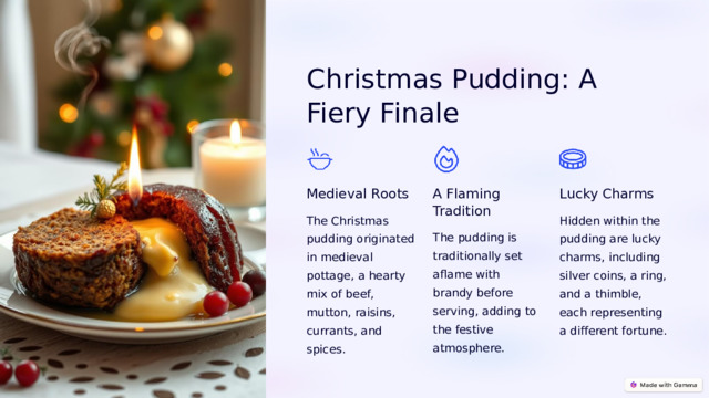  Christmas Pudding: A Fiery Finale Medieval Roots A Flaming Tradition Lucky Charms The Christmas pudding originated in medieval pottage, a hearty mix of beef, mutton, raisins, currants, and spices. Hidden within the pudding are lucky charms, including silver coins, a ring, and a thimble, each representing a different fortune. The pudding is traditionally set aflame with brandy before serving, adding to the festive atmosphere. 