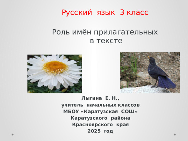 Русский язык 3 класс Роль имён прилагательных в тексте   Лыгина Е. Н., учитель начальных классов МБОУ «Каратузская СОШ» Каратузского района Красноярского края 2025 год 