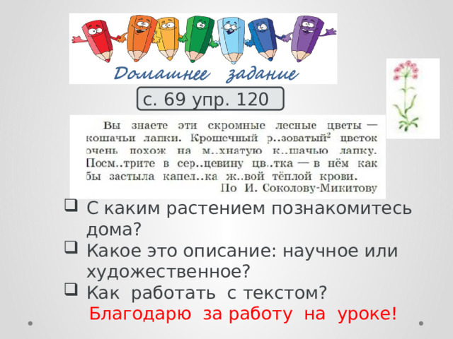 с. 69 упр. 120 С каким растением познакомитесь дома? Какое это описание: научное или художественное? Как работать с текстом? Благодарю за работу на уроке! 