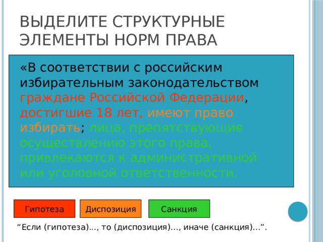Выделите структурные элементы норм права «В соответствии с российским избирательным законодательством граждане Российской Федерации , достигшие 18 лет,  имеют право избирать ; лица, препятствующие осуществлению этого права, привлекаются к административной или уголовной ответственности.  Гипотеза Санкция Диспозиция “ Если (гипотеза)..., то (диспозиция)..., иначе (санкция)...”. 