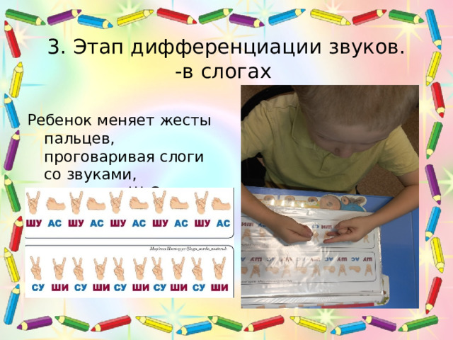3. Этап дифференциации звуков.  -в слогах Ребенок меняет жесты пальцев, проговаривая слоги со звуками, например Ш-С. 