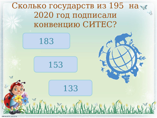 Сколько государств из 195 на 2020 год подписали конвенцию СИТЕС? 183 153 133 
