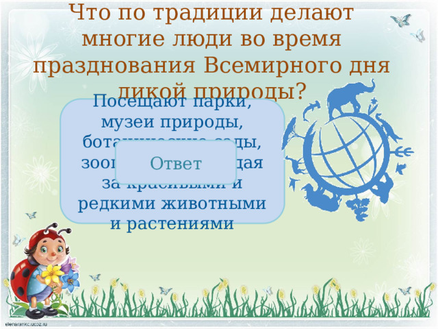 Что по традиции делают многие люди во время празднования Всемирного дня дикой природы? Посещают парки, музеи природы, ботанические сады, зоопарки, наблюдая за красивыми и редкими животными и растениями Ответ 