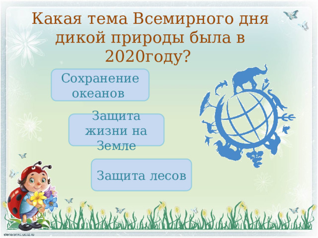 Какая тема Всемирного дня дикой природы была в 2020году? Сохранение океанов Защита жизни на Земле Защита лесов 