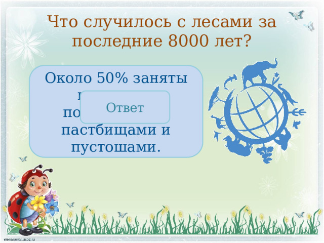 Что случилось с лесами за последние 8000 лет? Около 50% заняты посевами, поселениями, пастбищами и пустошами. Ответ 