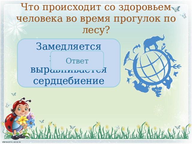 Что происходит со здоровьем человека во время прогулок по лесу? Замедляется пульс и выравнивается сердцебиение Ответ 