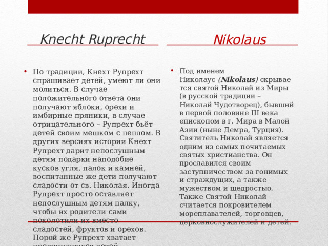 Knecht Ruprecht   Nikolaus Под именем Николаус  ( Nikolaus )  скрывается святой Николай из Миры (в русской традиции – Николай Чудотворец), бывший в первой половине III века епископом в г. Мира в Малой Азии (ныне Демра, Турция).   Святитель Николай является одним из самых почитаемых святых христианства. Он прославился своим заступничеством за гонимых и страждущих, а также мужеством и щедростью. Также Святой Николай считается покровителем мореплавателей, торговцев, церковнослужителей и детей .  По традиции, Кнехт Рупрехт спрашивает детей, умеют ли они молиться. В случае положительного ответа они получают яблоки, орехи и имбирные пряники, в случае отрицательного – Рупрехт бьёт детей своим мешком с пеплом. В других версиях истории Кнехт Рупрехт дарит непослушным детям подарки наподобие кусков угля, палок и камней, воспитанные же дети получают сладости от св. Николая. Иногда Рупрехт просто оставляет непослушным детям палку, чтобы их родители сами поколотили их вместо сладостей, фруктов и орехов. Порой же Рупрехт хватает провинившихся детей, засовывает в свой мешок и уносит с собой… 