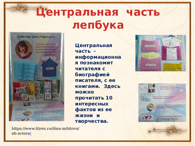 Центральная часть лепбука Центральная часть - информационная познакомит читателя с биографией писателя, с ее книгами. Здесь можно прочитать 10 интересных фактов из ее жизни и творчества. https://www.litres.ru/dina-sabitova/ob-avtore /  