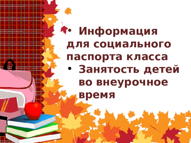 Информация для социального паспорта класса Занятость детей во внеурочное время  