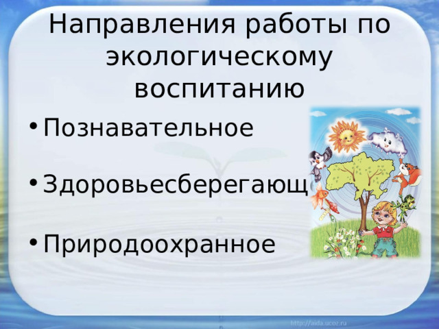 Направления работы по экологическому воспитанию Познавательное Здоровьесберегающее Природоохранное 