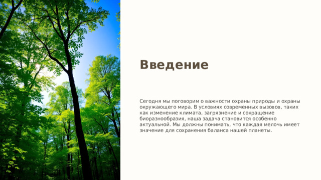Введение Сегодня мы поговорим о важности охраны природы и охраны окружающего мира. В условиях современных вызовов, таких как изменение климата, загрязнение и сокращение биоразнообразия, наша задача становится особенно актуальной. Мы должны понимать, что каждая мелочь имеет значение для сохранения баланса нашей планеты. 