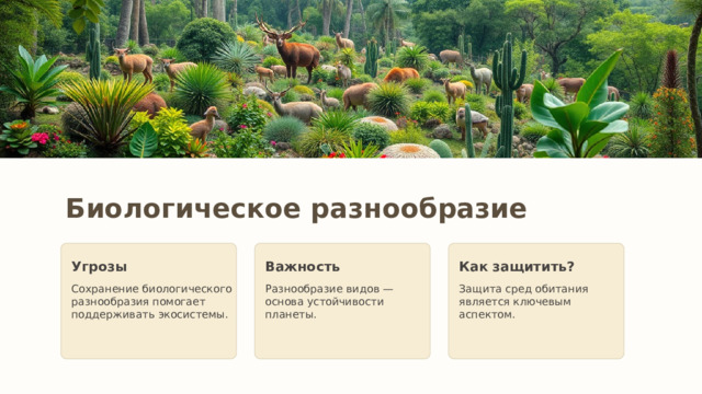 Биологическое разнообразие Угрозы Важность Как защитить? Сохранение биологического разнообразия помогает поддерживать экосистемы. Разнообразие видов — основа устойчивости планеты. Защита сред обитания является ключевым аспектом. 