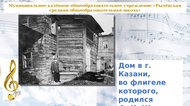 Муниципальное казённое общеобразовательное учреждение «Рылёвская средняя общеобразовательная школа» Дом в г. Казани, во флигеле которого, родился Ф. И. Шаляпин 