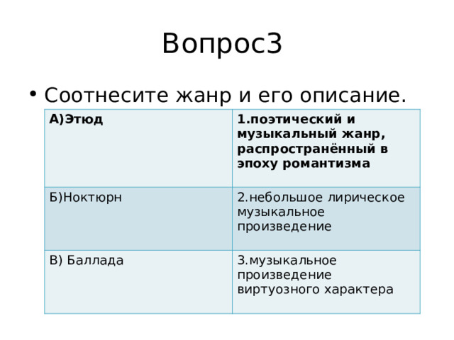 Вопрос3 Соотнесите жанр и его описание. А)Этюд 1.поэтический и музыкальный жанр, распространённый в эпоху романтизма Б)Ноктюрн  2.небольшое лирическое музыкальное произведение В) Баллада  3.музыкальное произведение виртуозного характера  