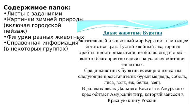 Содержимое папок: Листы с заданиями Картинки зимней природы (включая городской пейзаж) Фигурки разных животных Справочная информация (в некоторых группах) 