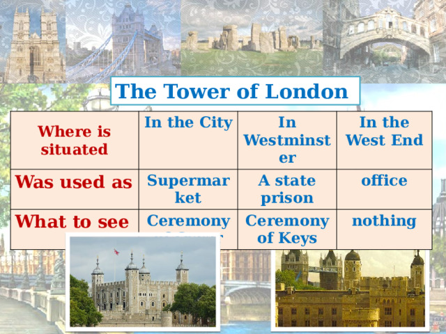 The Tower of London Where is situated Was used as In the City Supermarket In Westminster What to see In the West End A state prison Ceremony of Oscar office Ceremony of Keys nothing 