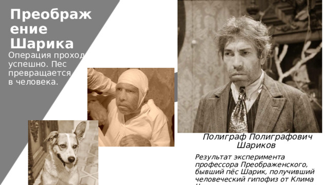 Преображение Шарика Операция проходит успешно. Пес превращается  в человека. . . Полиграф Полиграфович Шариков Результат эксперимента профессора Преображенского, бывший пёс Шарик, получивший человеческий гипофиз от Клима Чугункина. . 