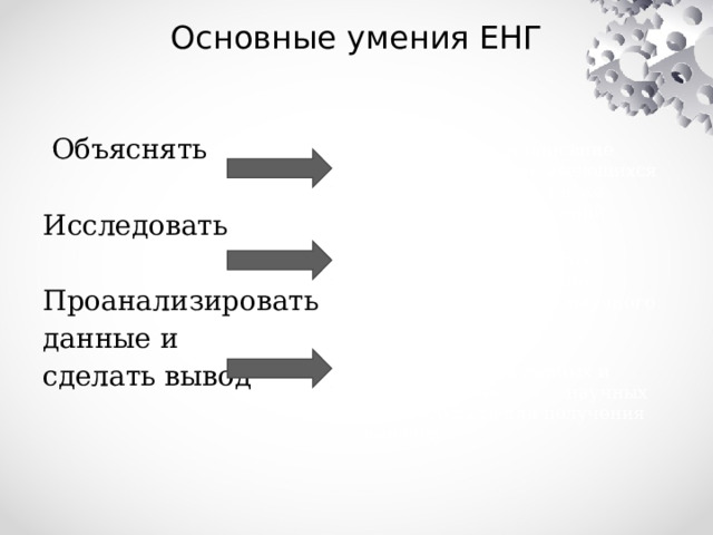 Основные умения ЕНГ  Объяснять Исследовать Объяснение или описание явлений на основе имеющихся научных знаний, а также прогнозируемых явлений Проанализировать Распознавание научных вопросов и применение методов естественно-научного исследования данные и сделать вывод  Интерпретация данных и использование научных доказательств для получения выводов  