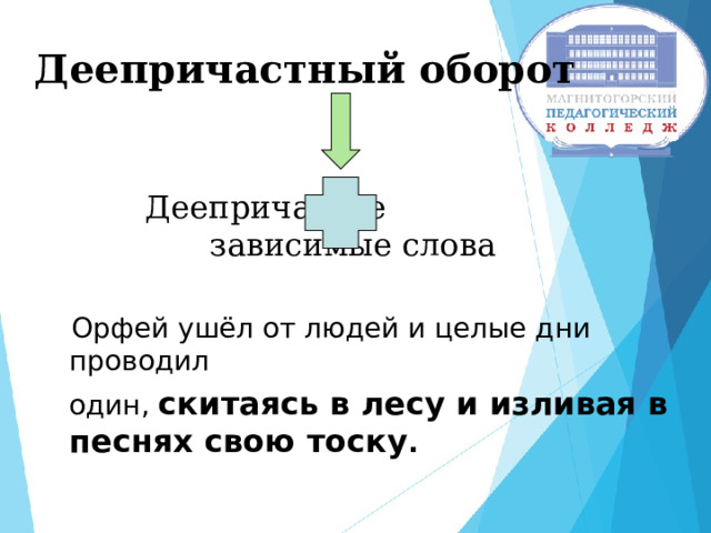 Деепричастный оборот  Деепричастие зависимые слова  Орфей ушёл от людей и целые дни проводил  один, скитаясь в лесу и изливая в песнях свою тоску .  