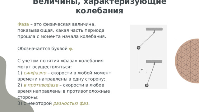 Величины, характеризующие колебания Фаза – это физическая величина, показывающая, какая часть периода прошла с момента начала колебания. Обозначается буквой φ.  С учетом понятия «фаза» колебания могут осуществляться: 1) синфазно – скорости в любой момент времени направлены в одну сторону; 2) в противофазе – скорости в любое время направлены в противоположные стороны; 3) с некоторой разностью фаз . 